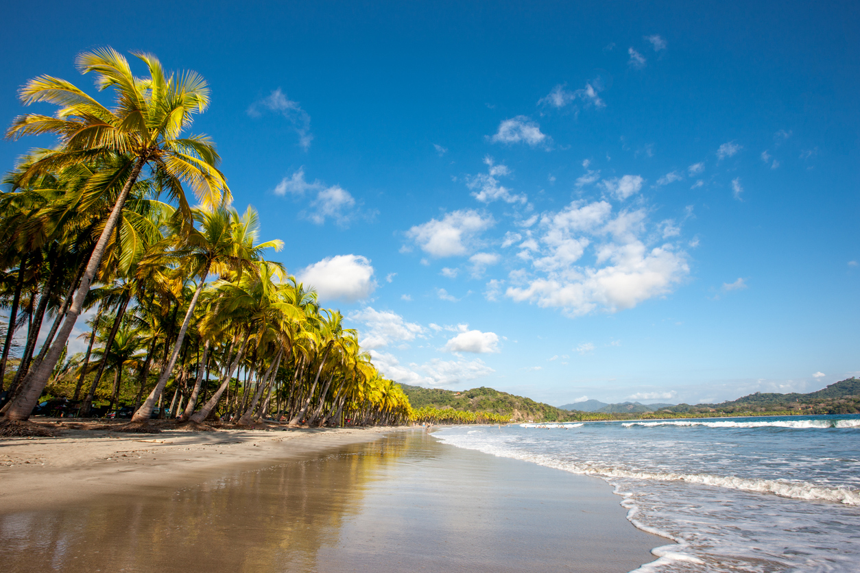 Beautiful natural tropical dream beach surrounded with palm trees under blue summer sky. Nicoya Peninsula, Costa Rica, Central America.