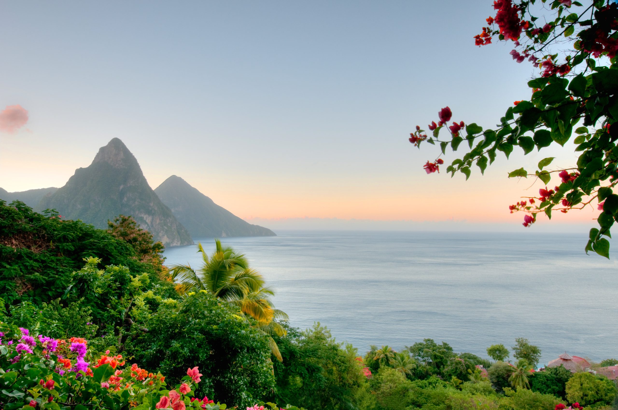 Panoramic view of St Lucias Twin Pitons at Sunrise - Blue Ribbon Travel
