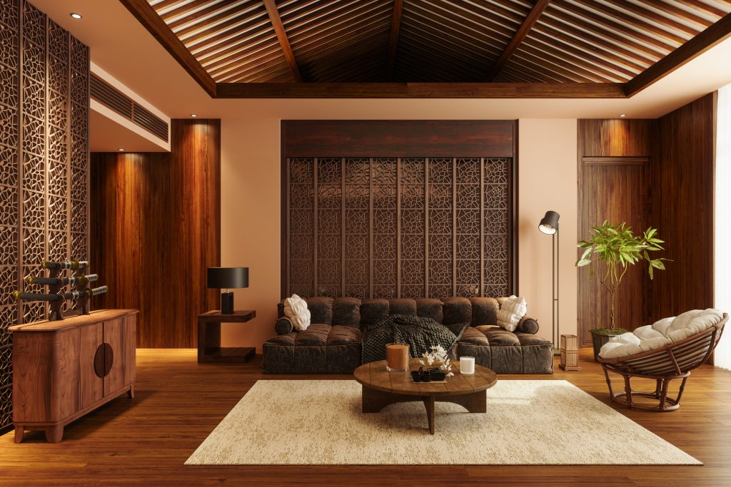 Japanese Style Living Room Interior With Sofa, Armchair, Coffee Table, Potted Plant And Samurai Swords - Blue ribbon travel 